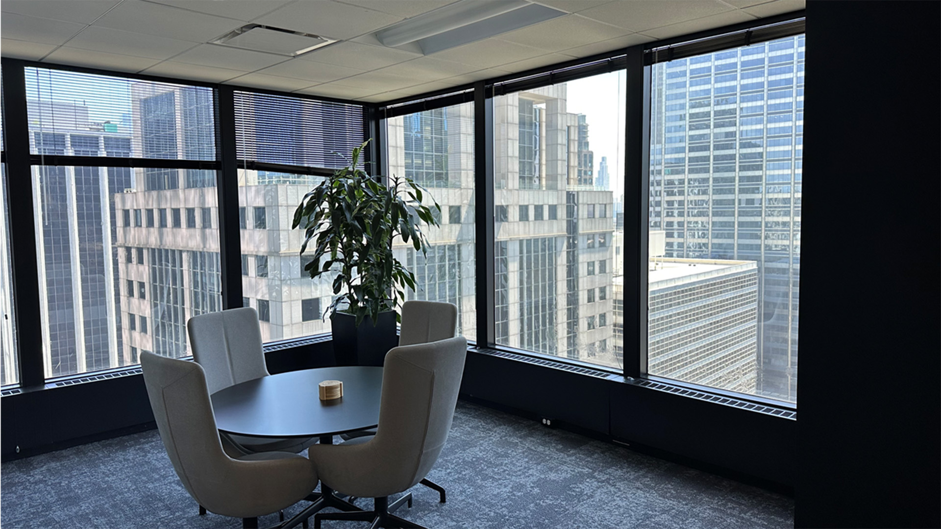 Corner office view with conference table and chairs and a plant in the corner overlooking the city of Chicago at 150 N Wacker
