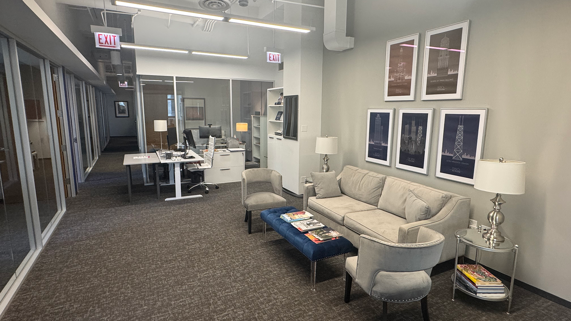 couch and chairs in office at 20 N wacker