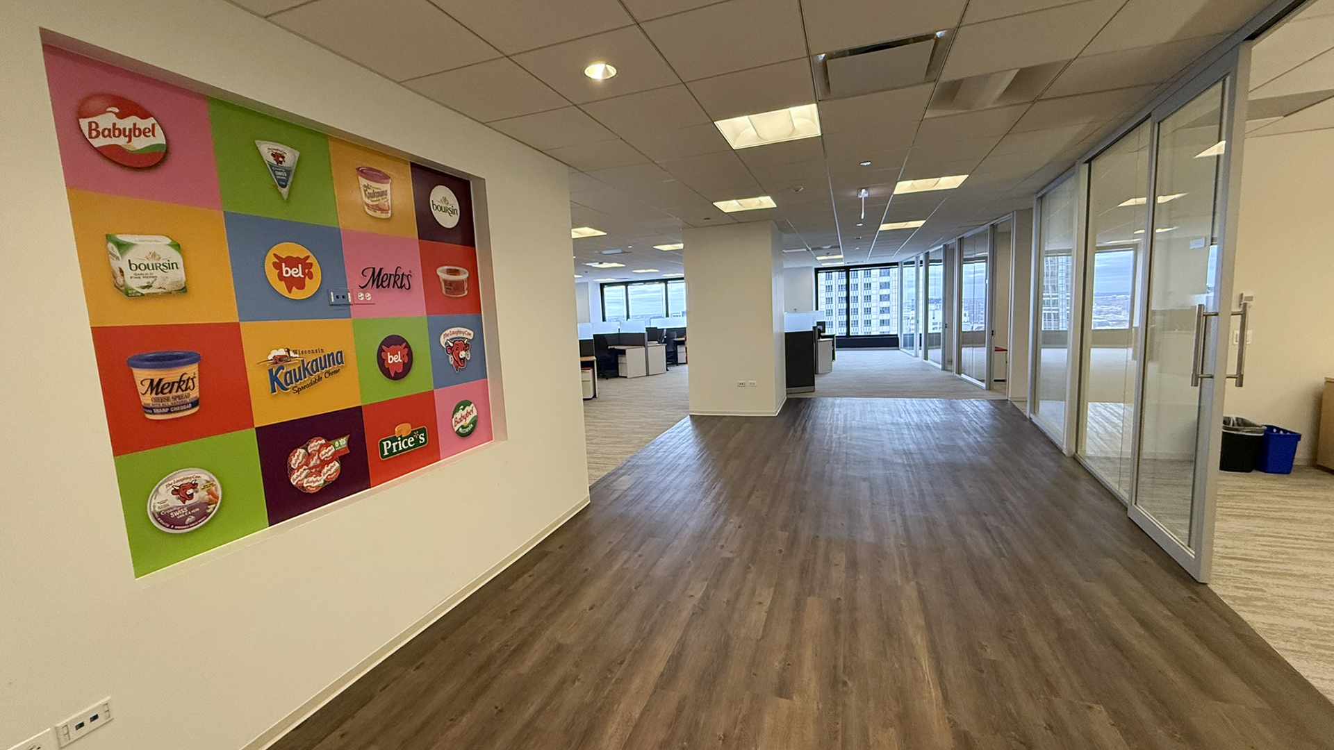 Interior office with bright art work on the walls at 30 s wacker
