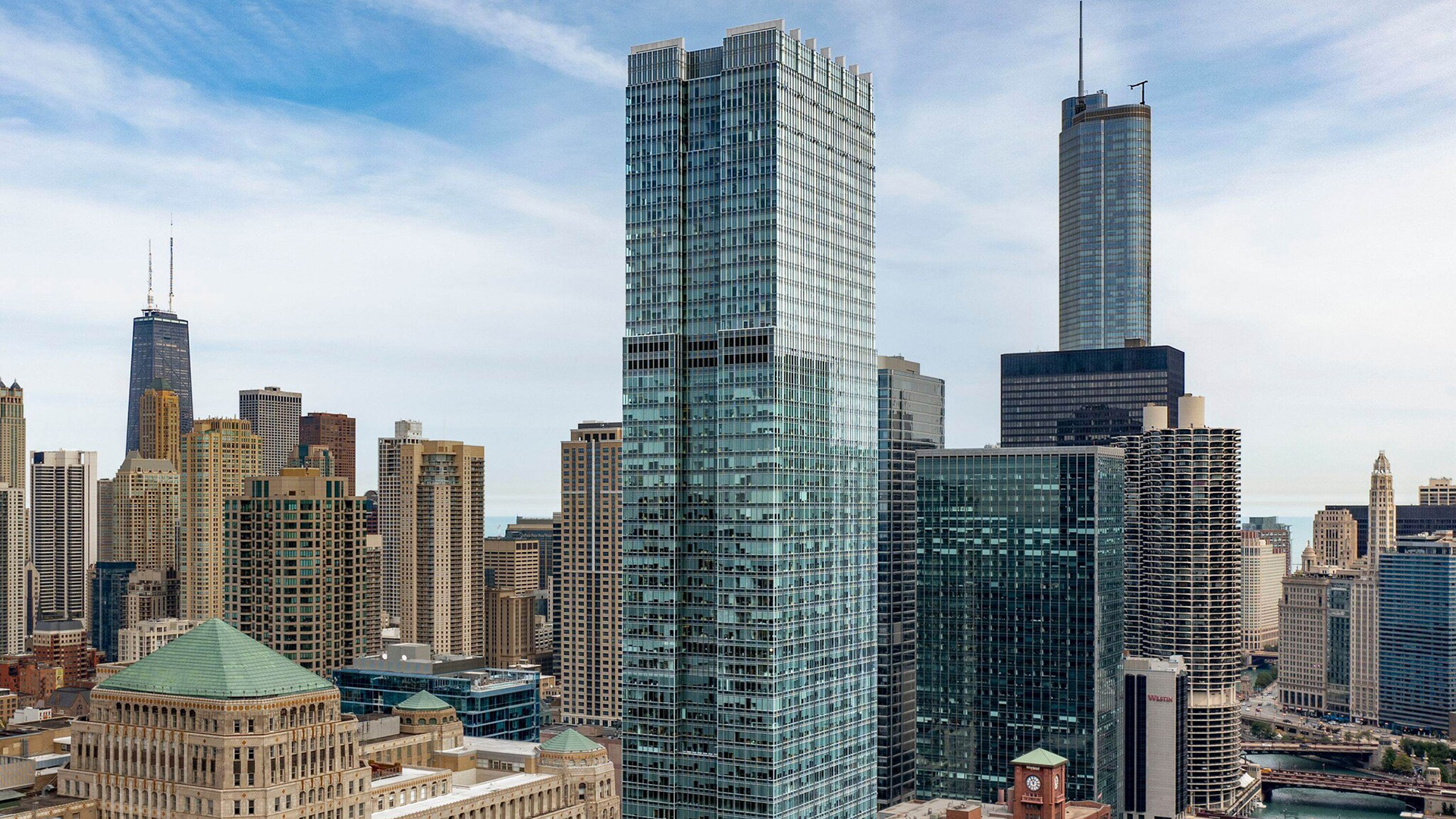 Shot of 300 N Lasalle, a building on the Chicago skyline