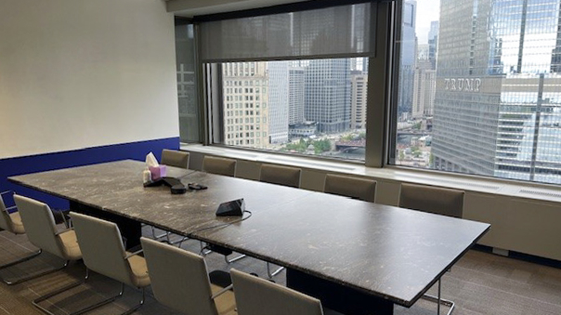 Conference room with view of Chicago river at 401 N Michigan