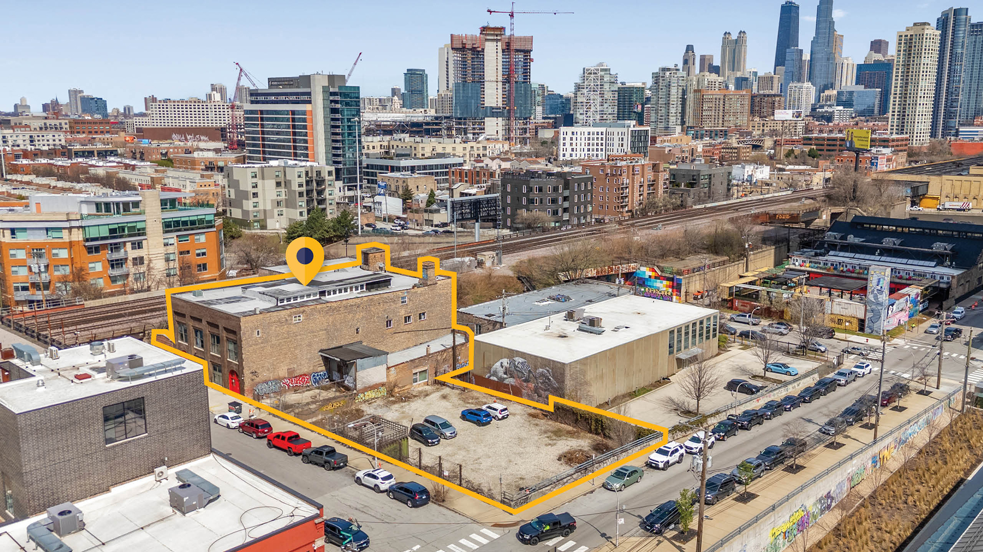 Aerial view of 415-417 N Sangamon Street in Fulton Market Chicago.