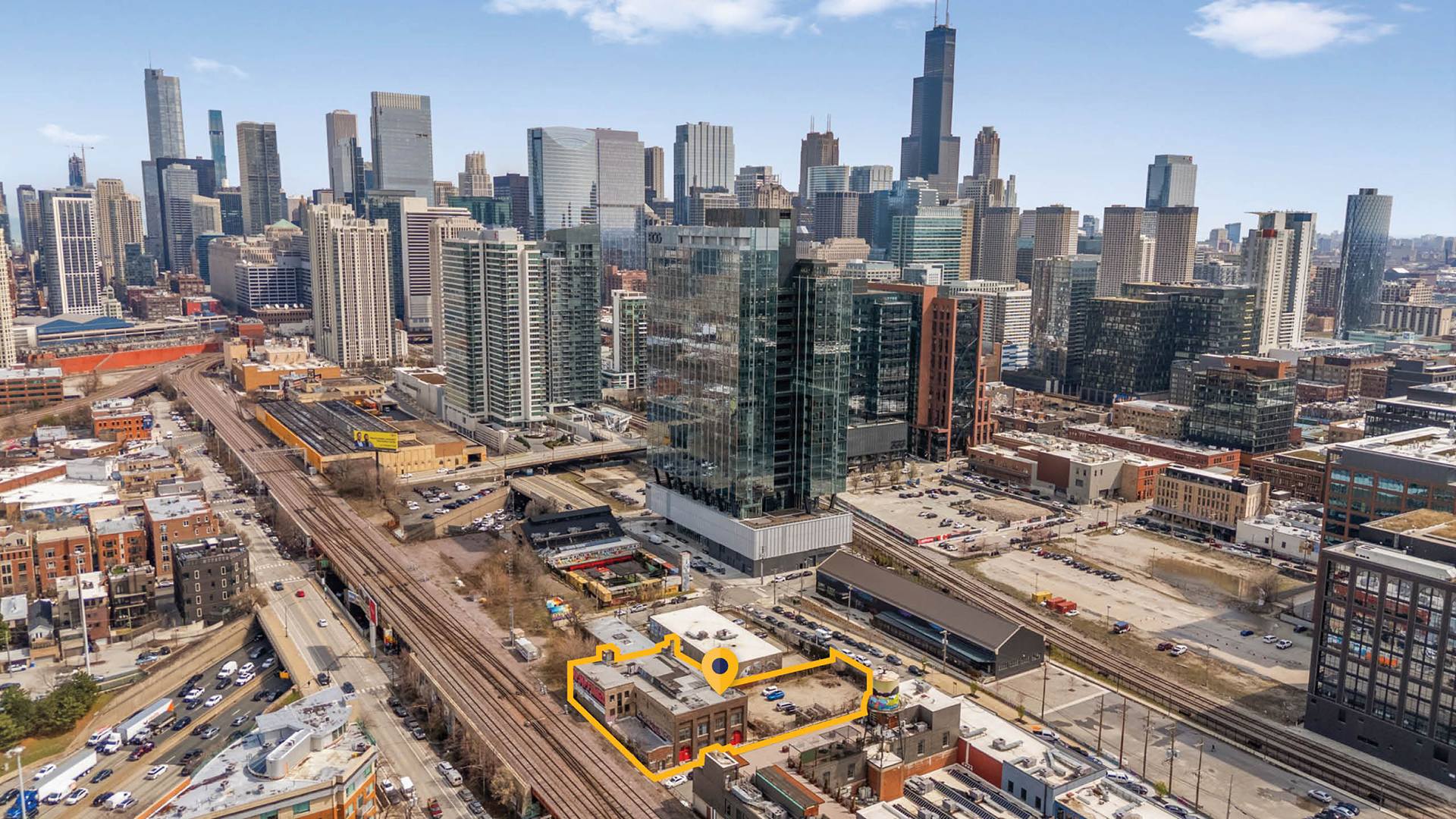 Wide aerial view of 415-417 N Sangamon Street in Fulton Market Chicago.