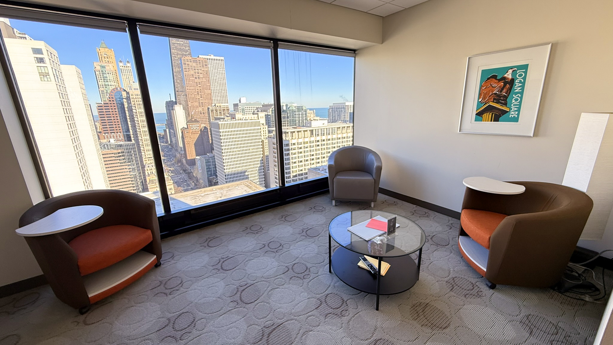 Meeting room with chairs and view of the city at 444 N Michigan in Chicago