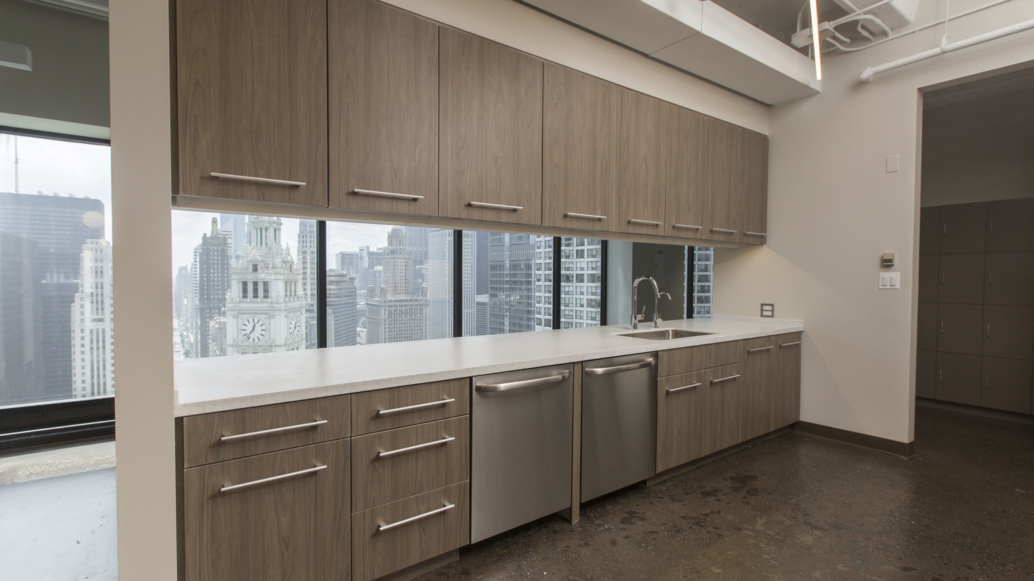 Interior kitchen area with views of the city at 444 N Michigan in Chicago