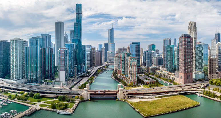 far shot of chicago buildings downtown
