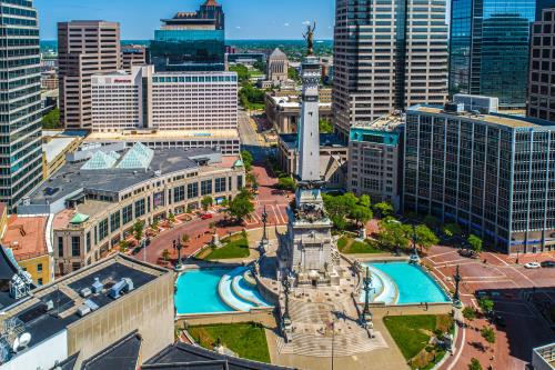 Aerial view of Indianapolis, IN, Circle Center and Monument Circle