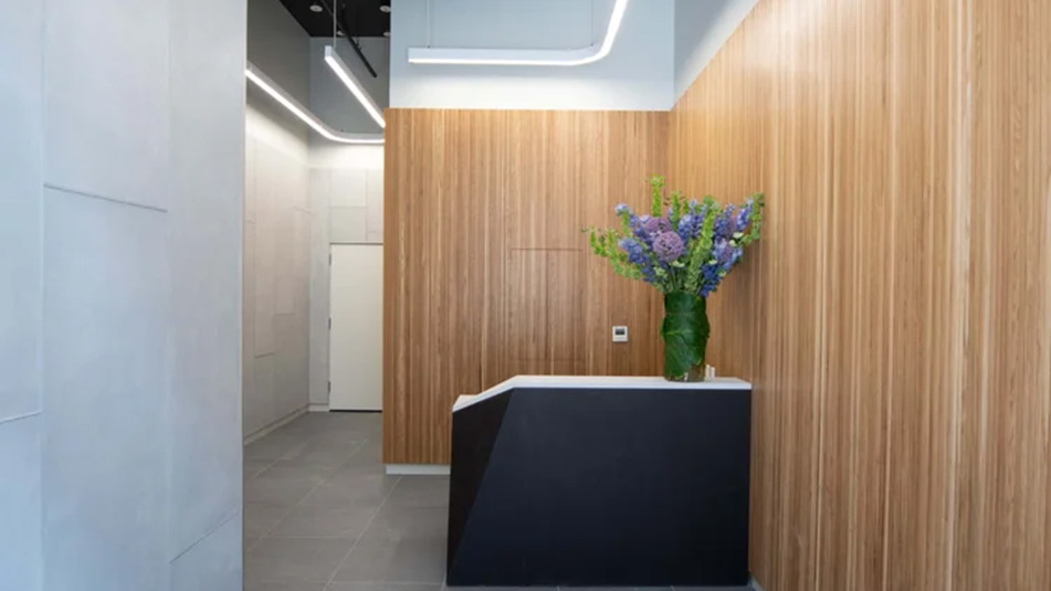 View of the reception area with light wood accent walls and dark wood reception desk