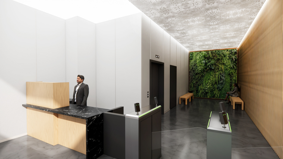 Rendering of a ground-level guest entrance for the 8th floor space