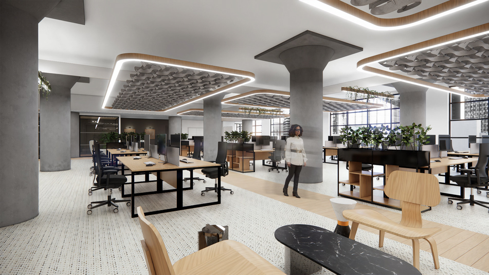 Rendering of an open office area at 1 Soho Square