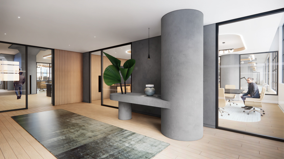 Rendering of a separate guest lobby elevator entrance on the 8th floor of 1 Soho Square