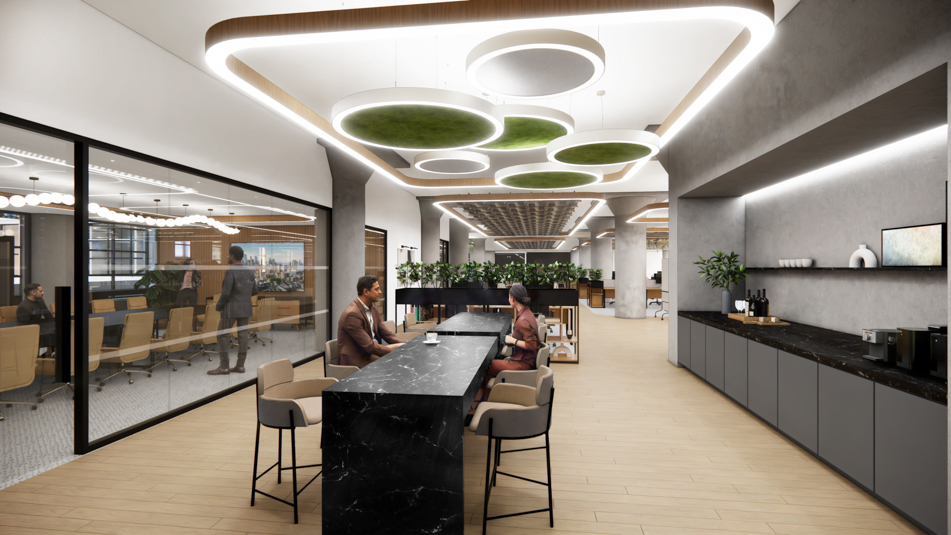 Rendering of an employee coffee bar at 1 Soho Square