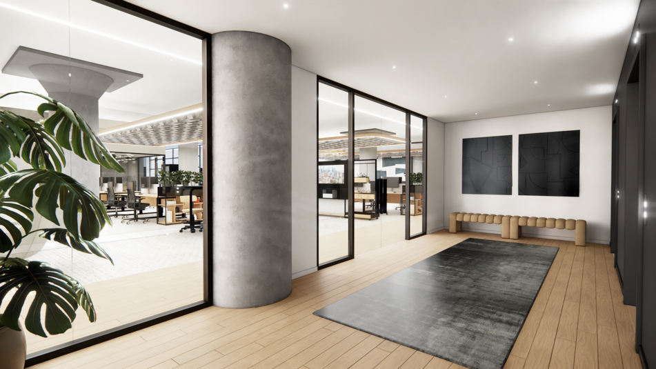 Rendering of the employee elevator lobby on the 8th floor of 1 Soho Square