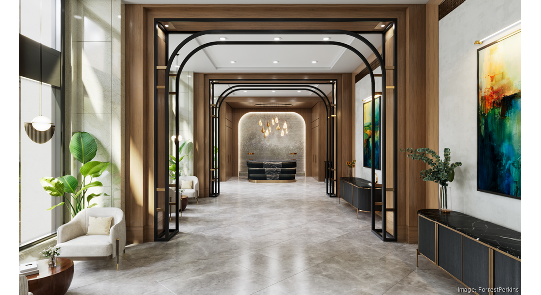 A rendering of an overhauled lobby at 1875 K Street NW, Leading Authorities HQ