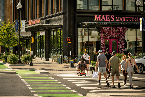 Walkable streets and retail in National Landing with restaurants, public spaces, and mixed-use development in Arlington, VA