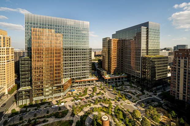 National Landing in Arlington, Virginia featuring office buildings, mixed-use development, and proximity to Washington, DC