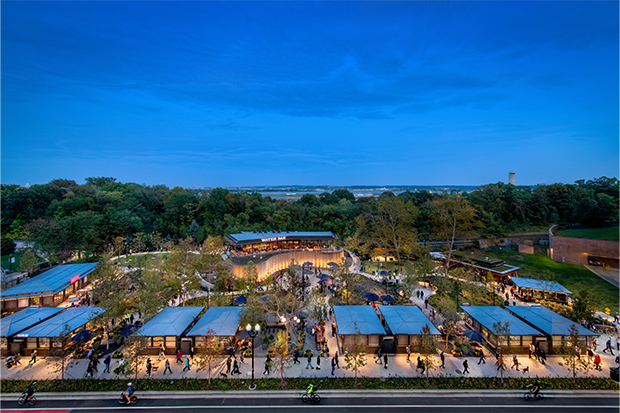 Crystal City Water Park in National Landing featuring outdoor seating, restaurants, and public gathering space