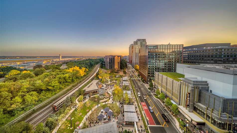 National Landing in Arlington, Virginia featuring office buildings, walkable streets, and nearby transit in the Washington, DC metropolitan area